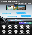 4K 11.26" Car DVR Dash Cam with CarPlay, Android Auto, GPS, WiFi, BT, FM, Rearview Mirror Recorder - Tech Trove