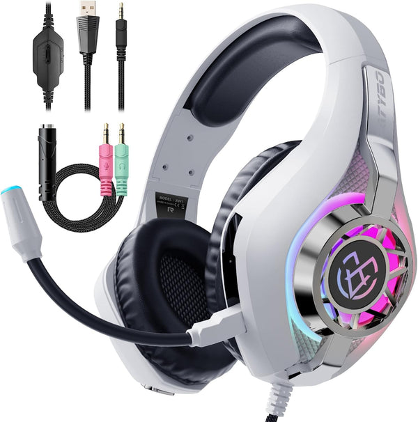 Tatybo Gaming Headset for PS5/PS4/Xbox/Switch/PC – 3D Surround Sound, Noise-Cancelling Mic, RGB Lighting