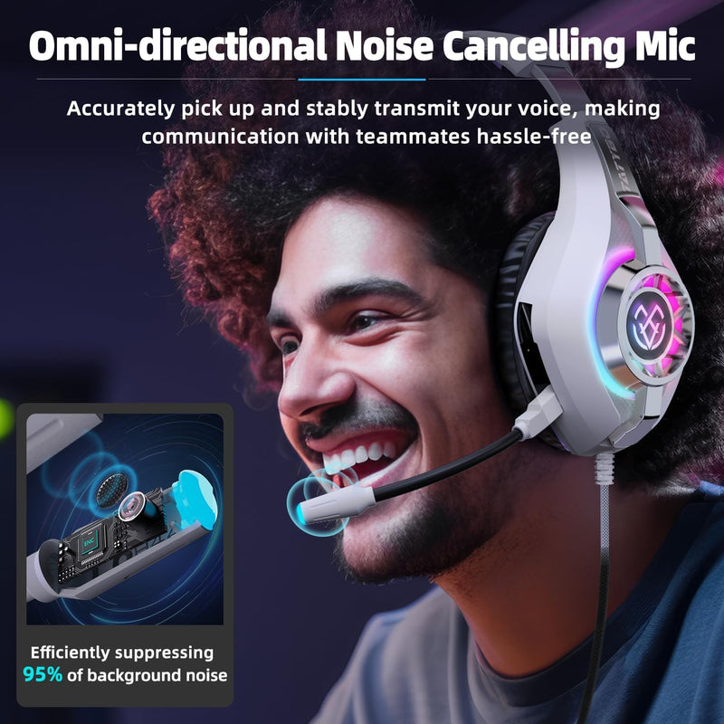 Tatybo Gaming Headset for PS5/PS4/Xbox/Switch/PC – 3D Surround Sound, Noise-Cancelling Mic, RGB Lighting