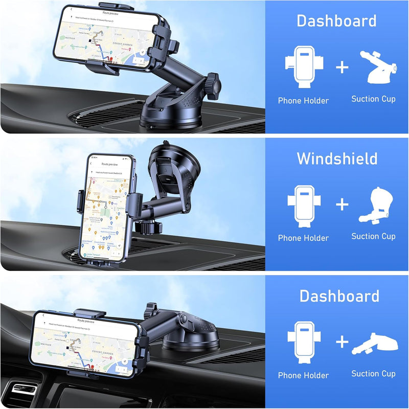 Blukar Car Phone Holder - Adjustable 360° Rotating Mount for Dashboard/Windscreen with Upgraded Strong Suction and One-Button Release, Compatible with 4.0''-7.0'' iPhones.