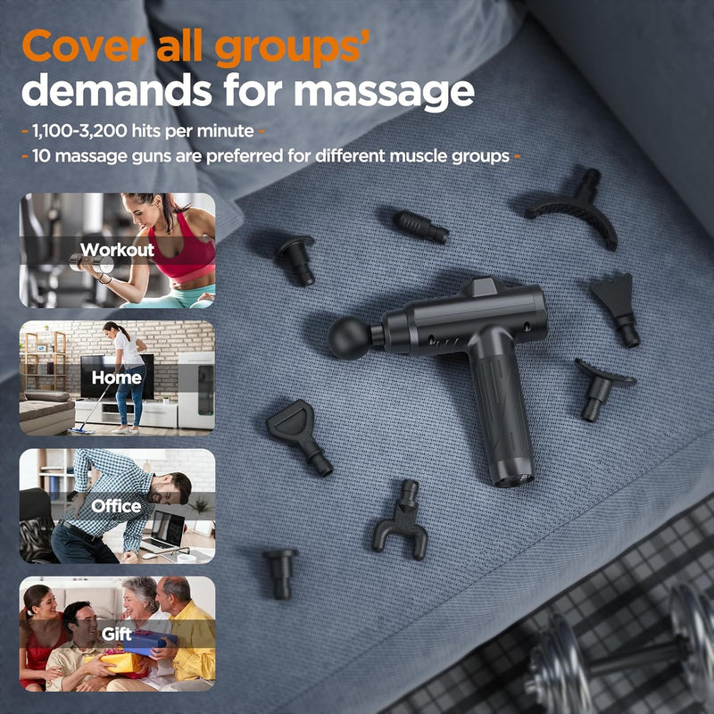 Portable Deep Tissue Massage Gun, 2024 Model – Powerful Cordless Muscle Massager with 10 Heads, 30 Speeds, LCD Touch Screen, and Quiet Glide Technology