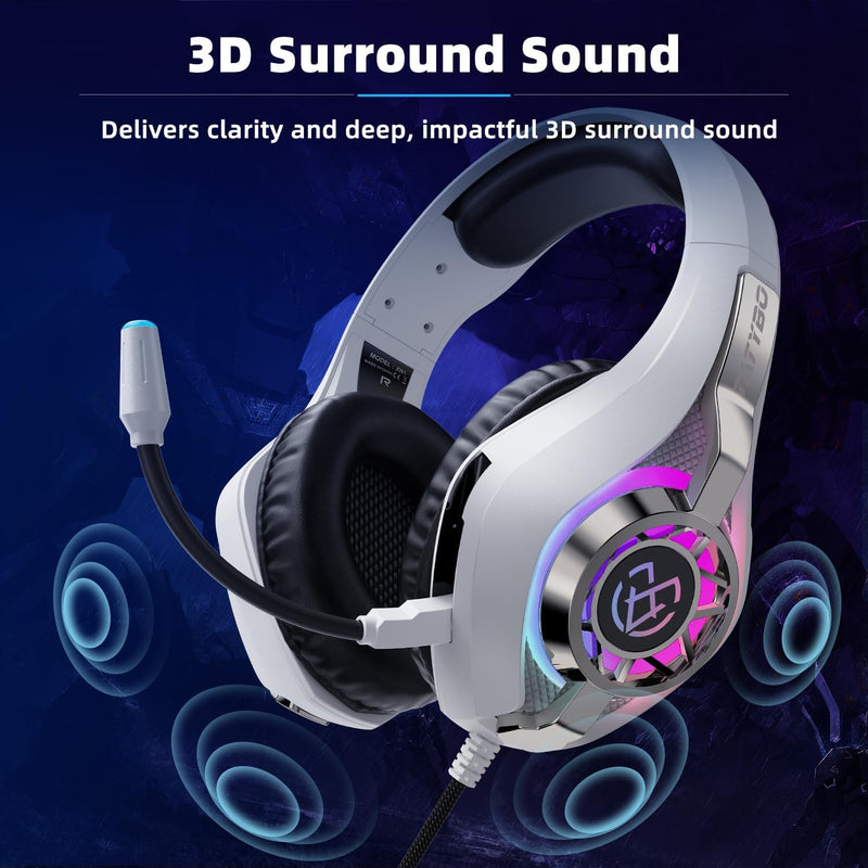 Tatybo Gaming Headset for PS5/PS4/Xbox/Switch/PC – 3D Surround Sound, Noise-Cancelling Mic, RGB Lighting