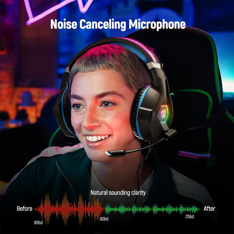 Stereo Surround Sound Gaming Headset with RGB Lighting & Adjustable Mic for PS4, PS5, PC, Xbox One, Laptop, and Mac