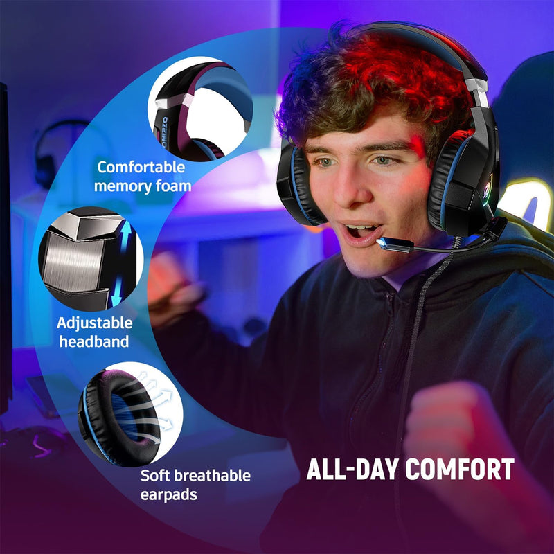 Stereo Surround Sound Gaming Headset with RGB Lighting & Adjustable Mic for PS4, PS5, PC, Xbox One, Laptop, and Mac