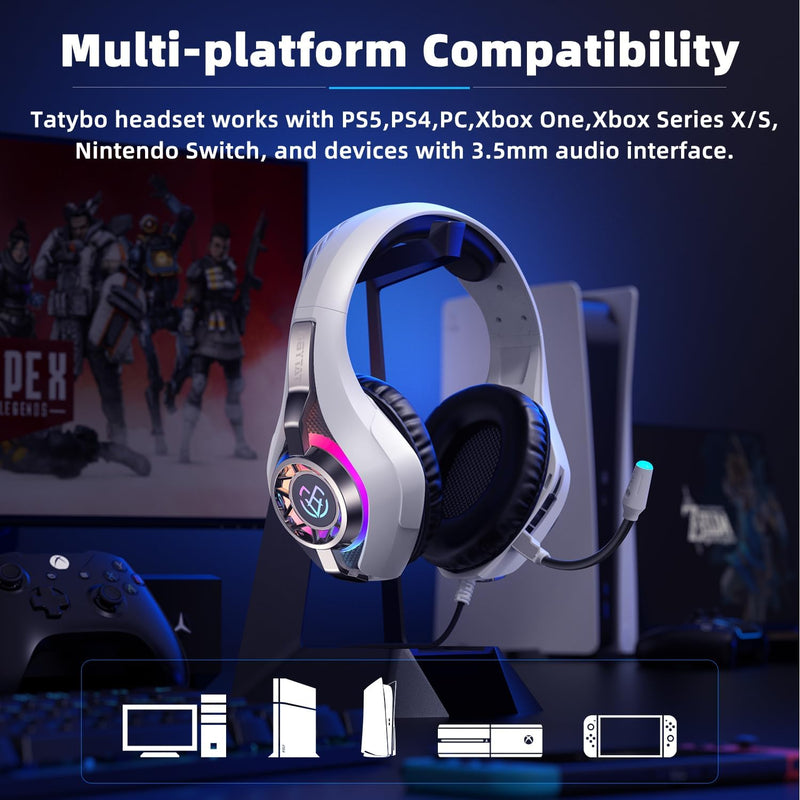 Tatybo Gaming Headset for PS5/PS4/Xbox/Switch/PC – 3D Surround Sound, Noise-Cancelling Mic, RGB Lighting