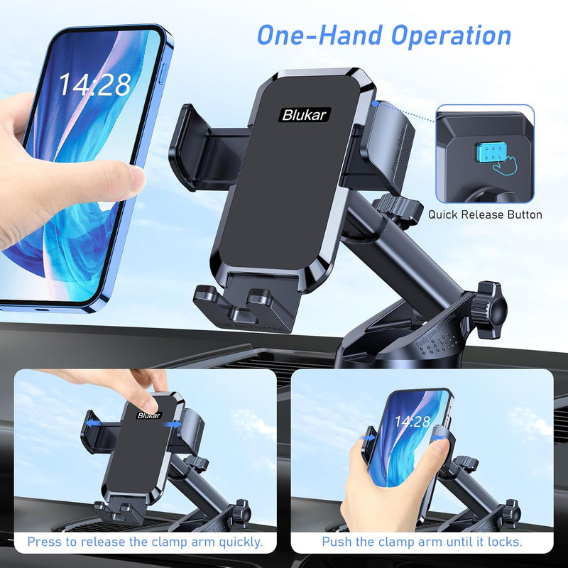 Blukar Car Phone Holder - Adjustable 360° Rotating Mount for Dashboard/Windscreen with Upgraded Strong Suction and One-Button Release, Compatible with 4.0''-7.0'' iPhones.