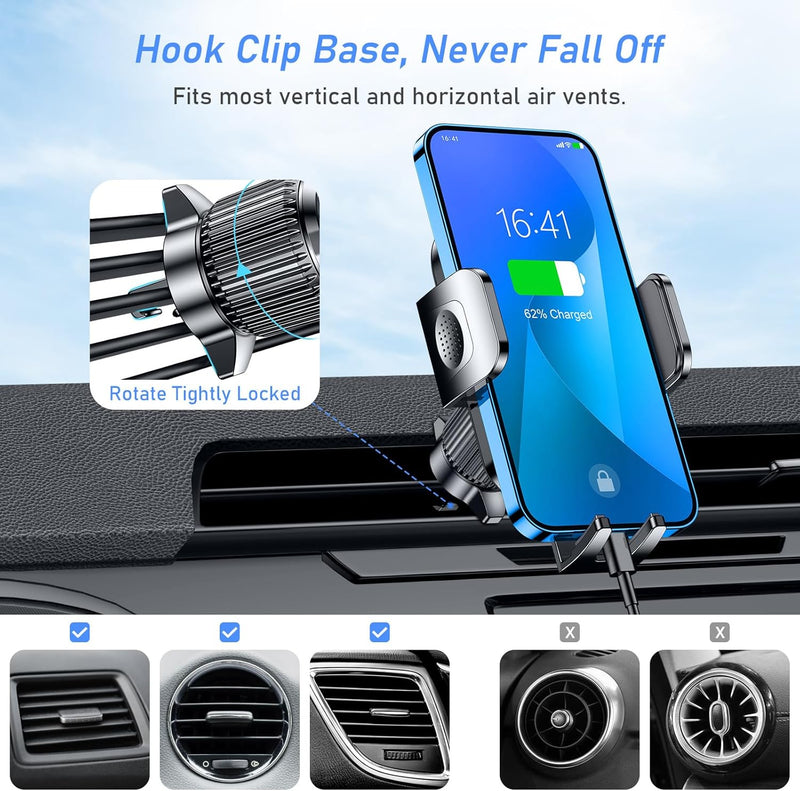 Blukar Car Phone Holder, 360° Rotatable Air Vent Mount with Upgraded Stable Hook Clip, One-Button Release for iPhone, Galaxy, and 4.0''-6.7'' Smartphones.