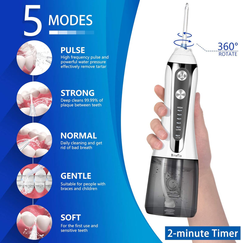 Binefia 360° Rotation Oral Irrigator, Water Flosser for Teeth Cordless with 5 Modes, IPX7 Waterproof, Water Jet Teeth Cleaner, USB Rechargeable Use at Home/Travel - Tech Trove