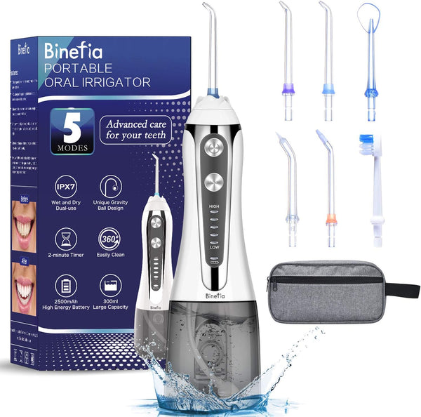 Binefia 360° Rotation Oral Irrigator, Water Flosser for Teeth Cordless with 5 Modes, IPX7 Waterproof, Water Jet Teeth Cleaner, USB Rechargeable Use at Home/Travel - Tech Trove