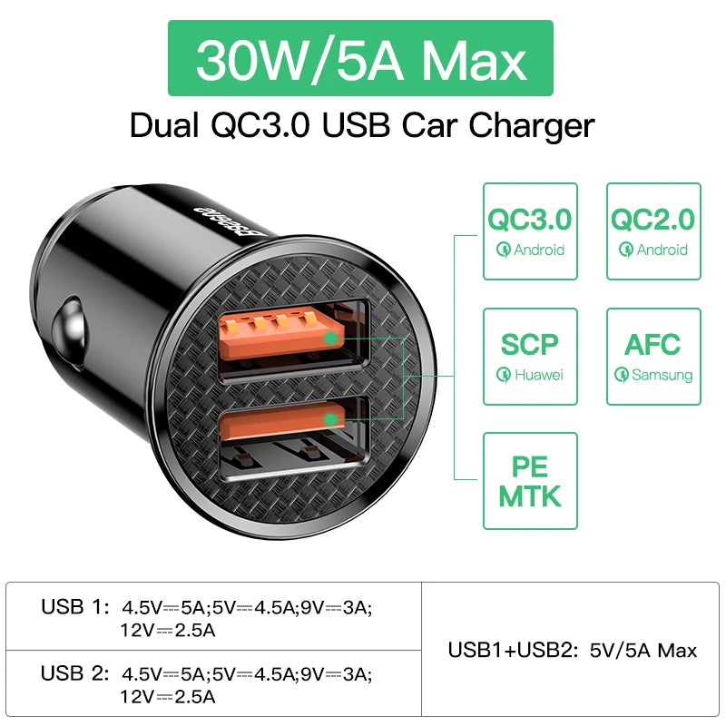 Baseus USB Car Charger Quick Charge 4.0 30W USB PD For For iPhone, Anroids Fast Charging - Tech Trove