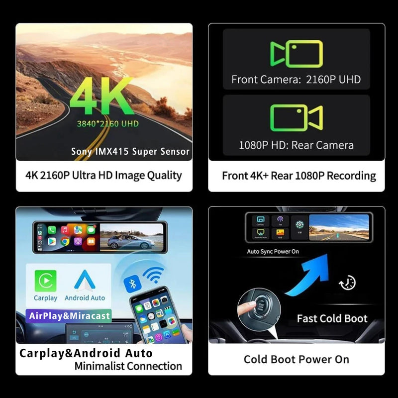 4K 11.26" Car DVR Dash Cam with CarPlay, Android Auto, GPS, WiFi, BT, FM, Rearview Mirror Recorder - Tech Trove
