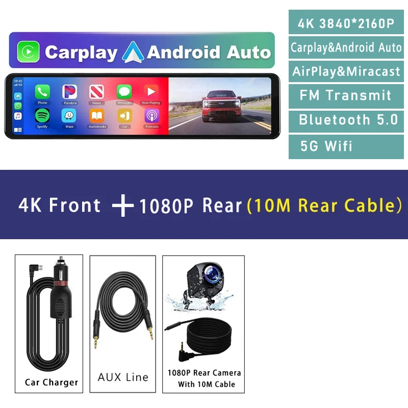 4K 11.26" Car DVR Dash Cam with CarPlay, Android Auto, GPS, WiFi, BT, FM, Rearview Mirror Recorder - Tech Trove