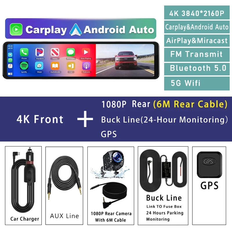 4K 11.26" Car DVR Dash Cam with CarPlay, Android Auto, GPS, WiFi, BT, FM, Rearview Mirror Recorder - Tech Trove