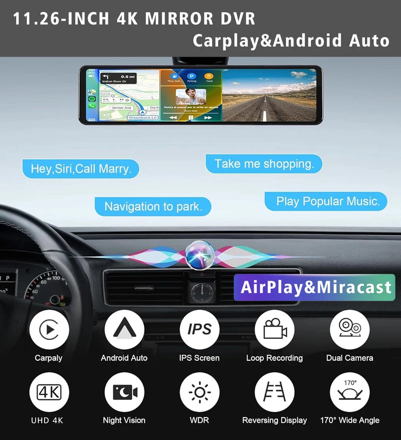 4K 11.26" Car DVR Dash Cam with CarPlay, Android Auto, GPS, WiFi, BT, FM, Rearview Mirror Recorder - Tech Trove