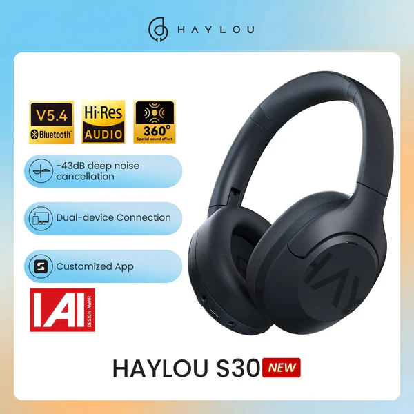 HAYLOU S30 Wireless Bluetooth 5.4 Headphones with 43dB Adaptive Noise Cancelling, 40mm Drivers, and 80-Hour Playtime Earphones