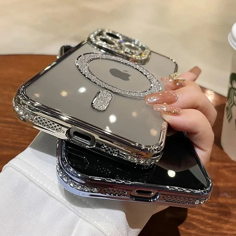 Luxury Crystal Diamond Clear Magsafe Magnetic Wireless Charging Cover For iPhone