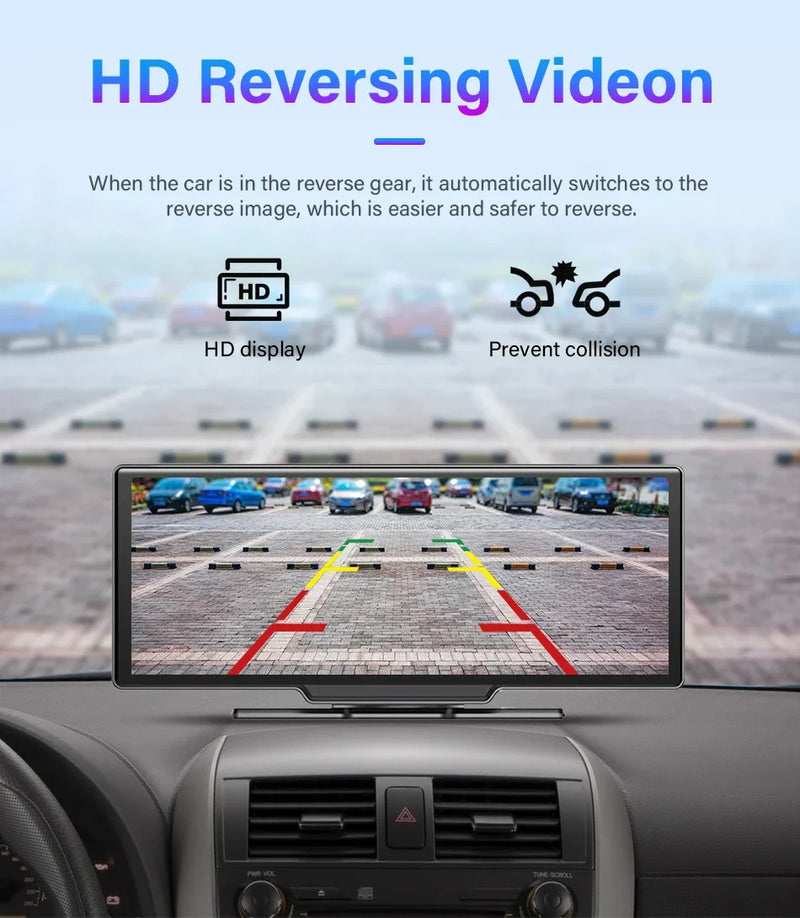 4K 10.26" Mirror Dash Cam with Wireless CarPlay, Android Auto, GPS & Rearview Camera - Tech Trove