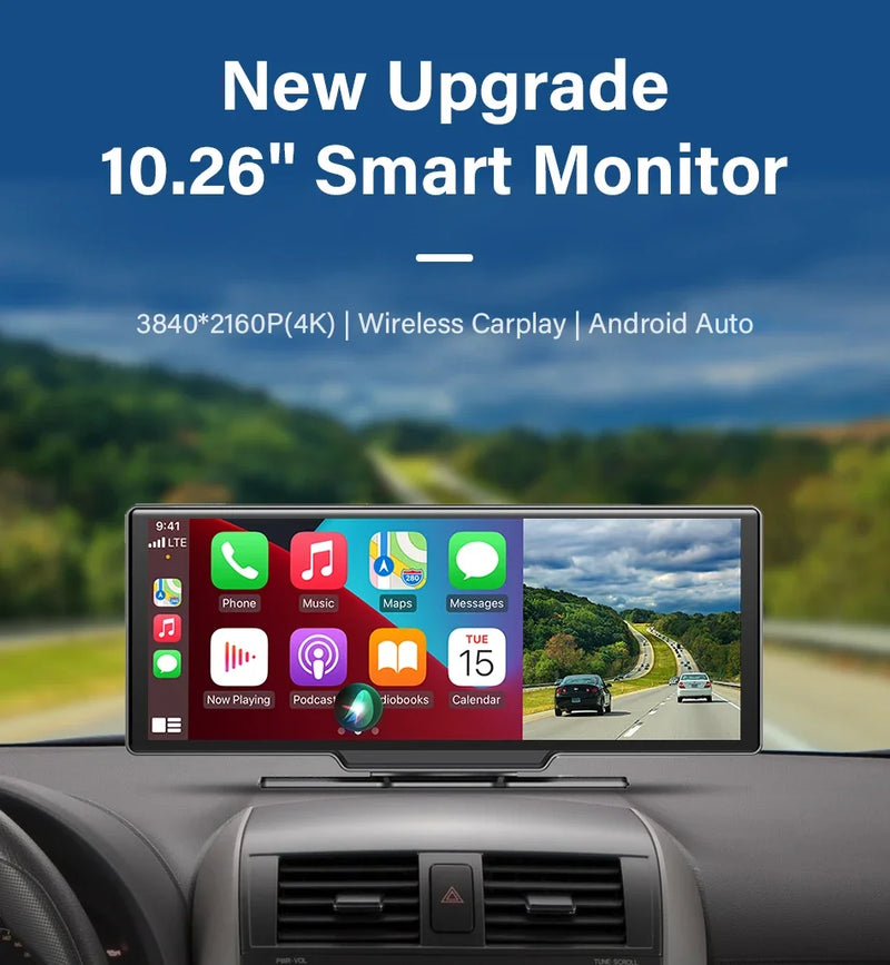 4K 10.26" Mirror Dash Cam with Wireless CarPlay, Android Auto, GPS & Rearview Camera - Tech Trove