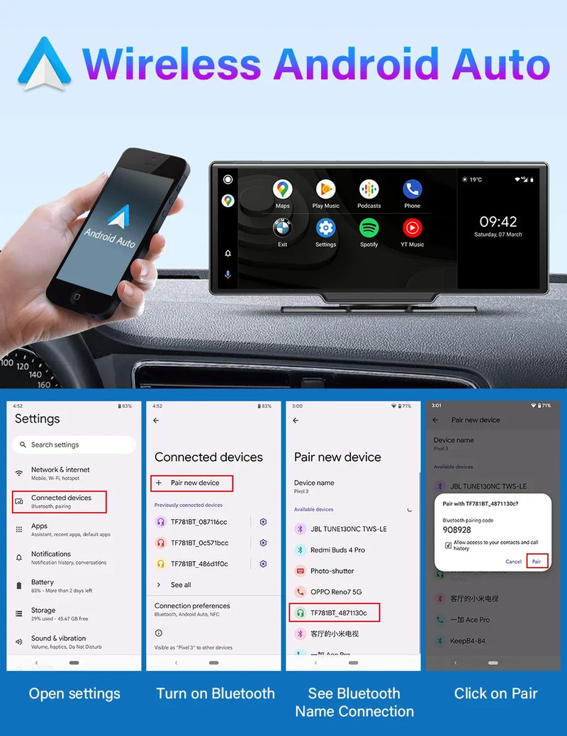 4K 10.26" Mirror Dash Cam with Wireless CarPlay, Android Auto, GPS & Rearview Camera - Tech Trove
