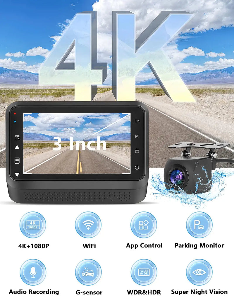 Kocam 4K Dual Dash Cam with WiFi, Night Vision & 24H Parking Monitor - Tech Trove