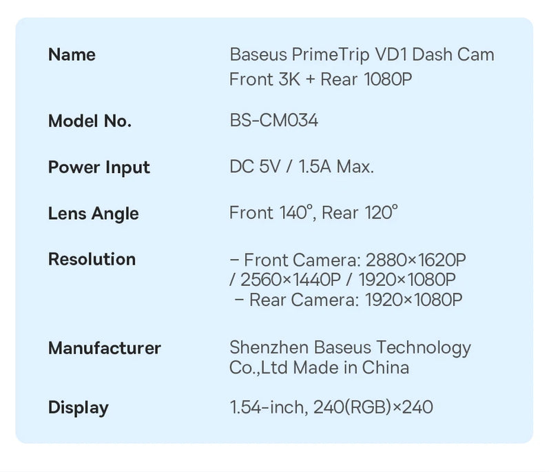 Baseus VD1 3K Dash Cam – Front & Rear, HD, GPS, Galileo, Supercapacitor, 24H Parking Support - Tech Trove
