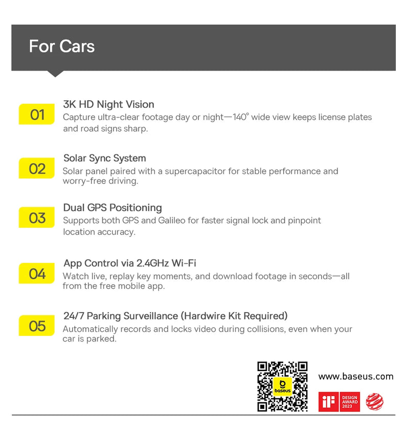 Baseus VD1 3K Dash Cam – Front & Rear, HD, GPS, Galileo, Supercapacitor, 24H Parking Support - Tech Trove