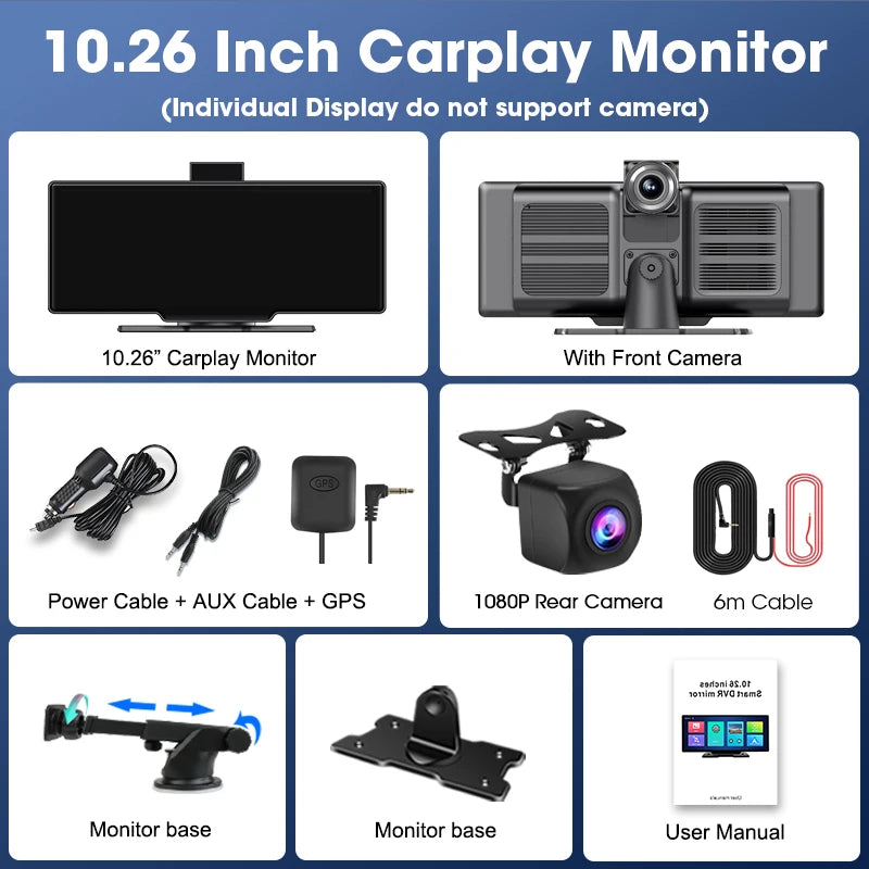 4K 10.26" Mirror Dash Cam with Wireless CarPlay, Android Auto, GPS & Rearview Camera - Tech Trove