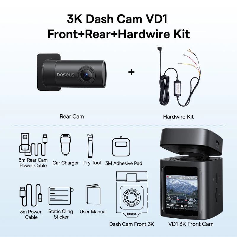 Baseus VD1 3K Dash Cam – Front & Rear, HD, GPS, Galileo, Supercapacitor, 24H Parking Support - Tech Trove