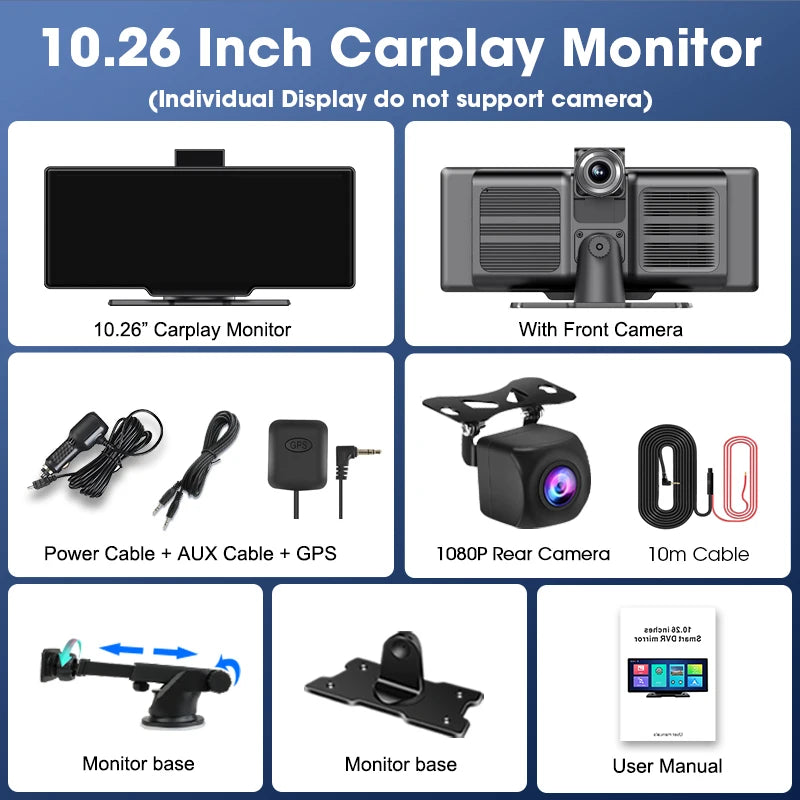 4K 10.26" Mirror Dash Cam with Wireless CarPlay, Android Auto, GPS & Rearview Camera - Tech Trove