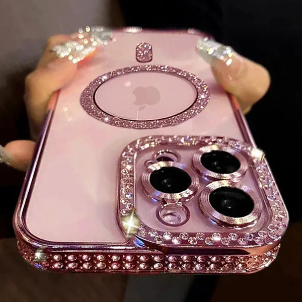 Fashion Glitter Diamond Max Magnetic Wireless Charge Bumper Transparent Case For iPhone