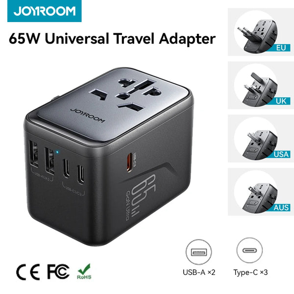 Joyroom 65W Universal Travel Adapter Fast Charging Wall Charger with 2 USB Ports & 3 USB-C