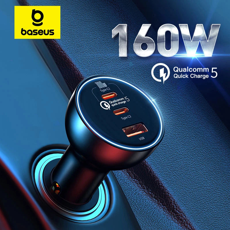 Baseus Car Charger QC 5.0 Fast Quick Charging 160W USB Type C For iPhone, Anroids, Laptops, Tablets - Tech Trove