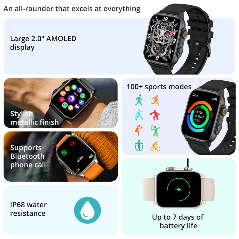 COLMI C81 2.0 Inch AMOLED Smartwatch Support AOD 100 Sports Modes IP68 Waterproof Smart Watch Men Women PK Ultra Series 8 - Tech Trove