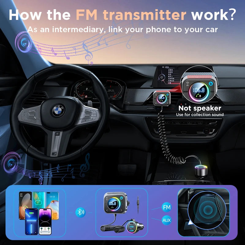 Bluetooth 5.3 FM/AUX Bluetooth Car Adapter,【Air Vent Installation & Bass Boost】3 Ports PD&QC 3.0 FM Bluetooth Car Transmitter - Tech Trove