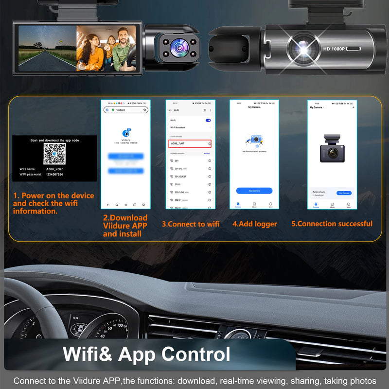 1080P WiFi Dual Dash Cam (Front & Inside) with IR Night Vision, Loop Recording, Wide Angle - Tech Trove