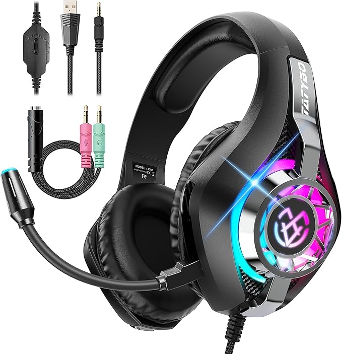 Tatybo Gaming Headset for PS5/PS4/Xbox/Switch/PC – 3D Surround Sound, Noise-Cancelling Mic, RGB Lighting