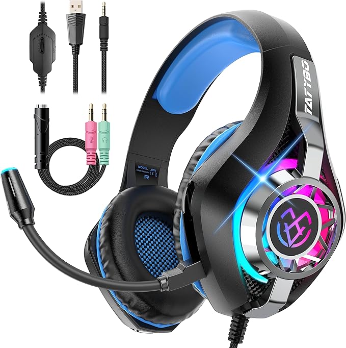 Tatybo Gaming Headset for PS5/PS4/Xbox/Switch/PC – 3D Surround Sound, Noise-Cancelling Mic, RGB Lighting