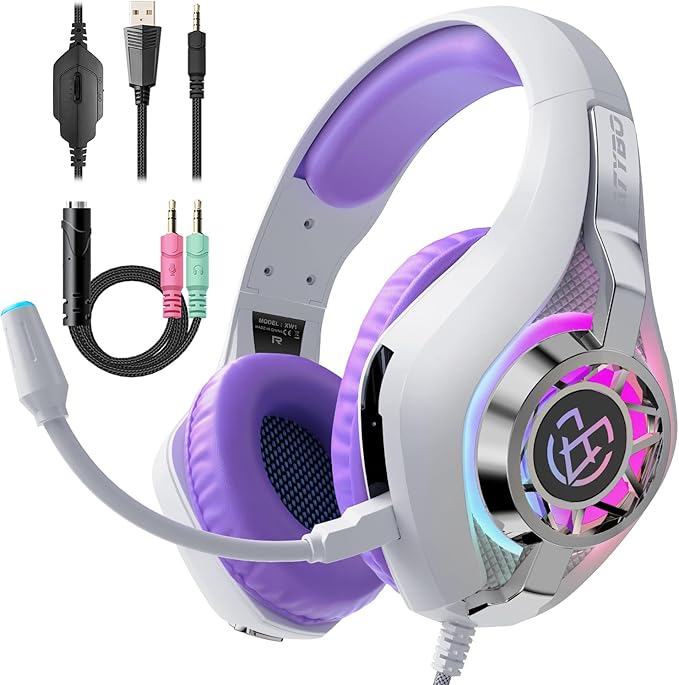 Tatybo Gaming Headset for PS5/PS4/Xbox/Switch/PC – 3D Surround Sound, Noise-Cancelling Mic, RGB Lighting