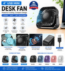 4" USB Mini Portable Desk Fan 3-Speed Quiet Personal Cooling Fan 360° Adjustable