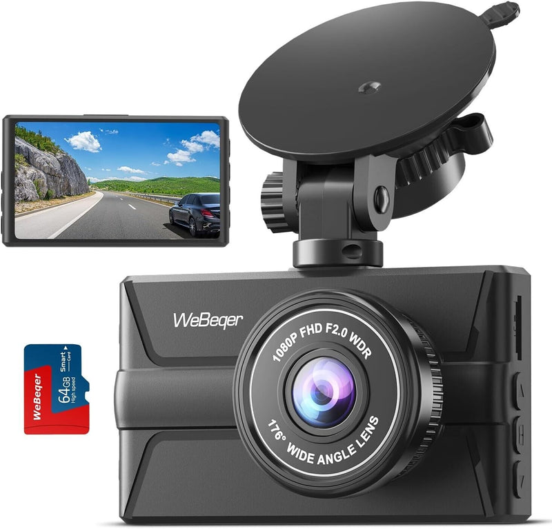 Webeqer 1080P FHD Dash Cam: Front-Facing with 3" IPS Screen, Includes Complimentary 64GB SD Card, 176°Wide Angle Car Camera, Features Loop Recording, Night Vision, G-Sensor, WDR, and Parking Monitor - Tech Trove