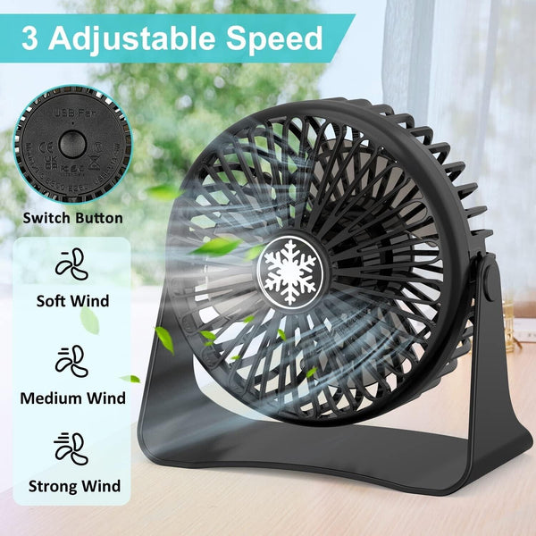 Ouila Desk Fan, Strong Wind USB Fan 3 Speeds Small Fan Silent Powerful Table Fan 360°Rotation Mini Fan for Desktop Bedroom Home Office Outdoor Travel (Black) - Tech Trove