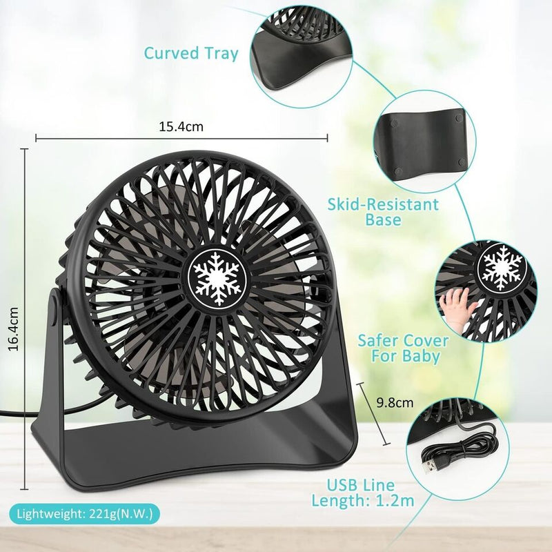 Ouila Desk Fan, Strong Wind USB Fan 3 Speeds Small Fan Silent Powerful Table Fan 360°Rotation Mini Fan for Desktop Bedroom Home Office Outdoor Travel (Black) - Tech Trove