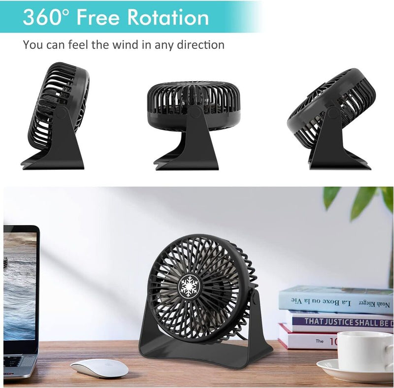 Ouila Desk Fan, Strong Wind USB Fan 3 Speeds Small Fan Silent Powerful Table Fan 360°Rotation Mini Fan for Desktop Bedroom Home Office Outdoor Travel (Black) - Tech Trove