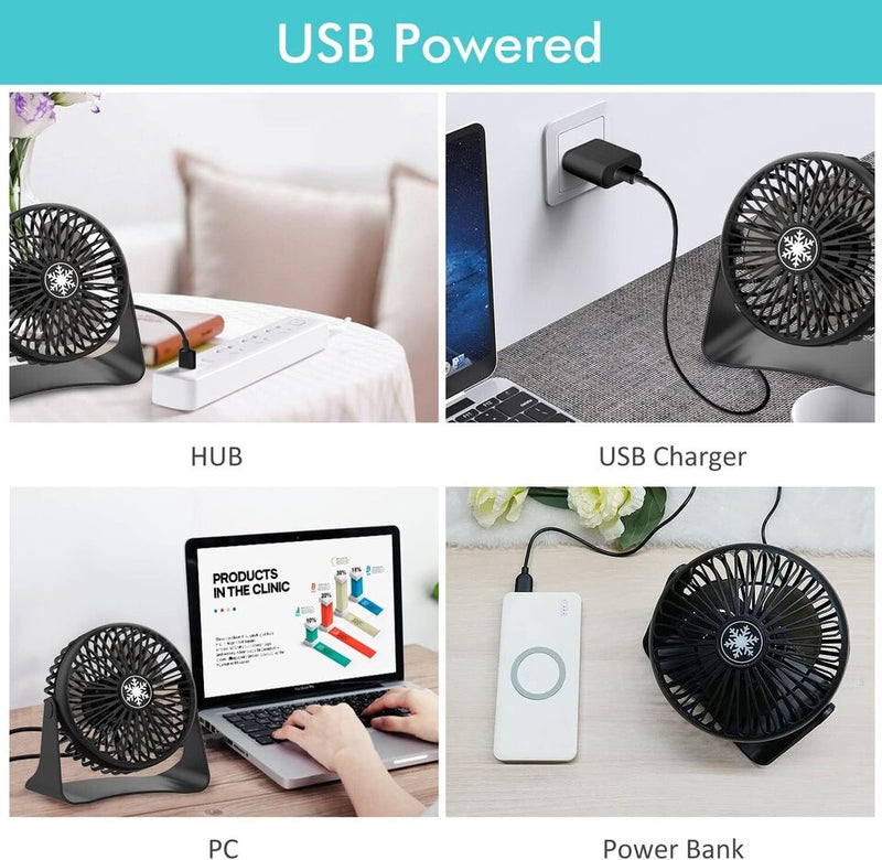 Ouila Desk Fan, Strong Wind USB Fan 3 Speeds Small Fan Silent Powerful Table Fan 360°Rotation Mini Fan for Desktop Bedroom Home Office Outdoor Travel (Black) - Tech Trove